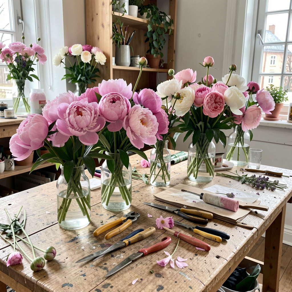 Floral workshop with fresh flowers and creative materials in Helsinki studio