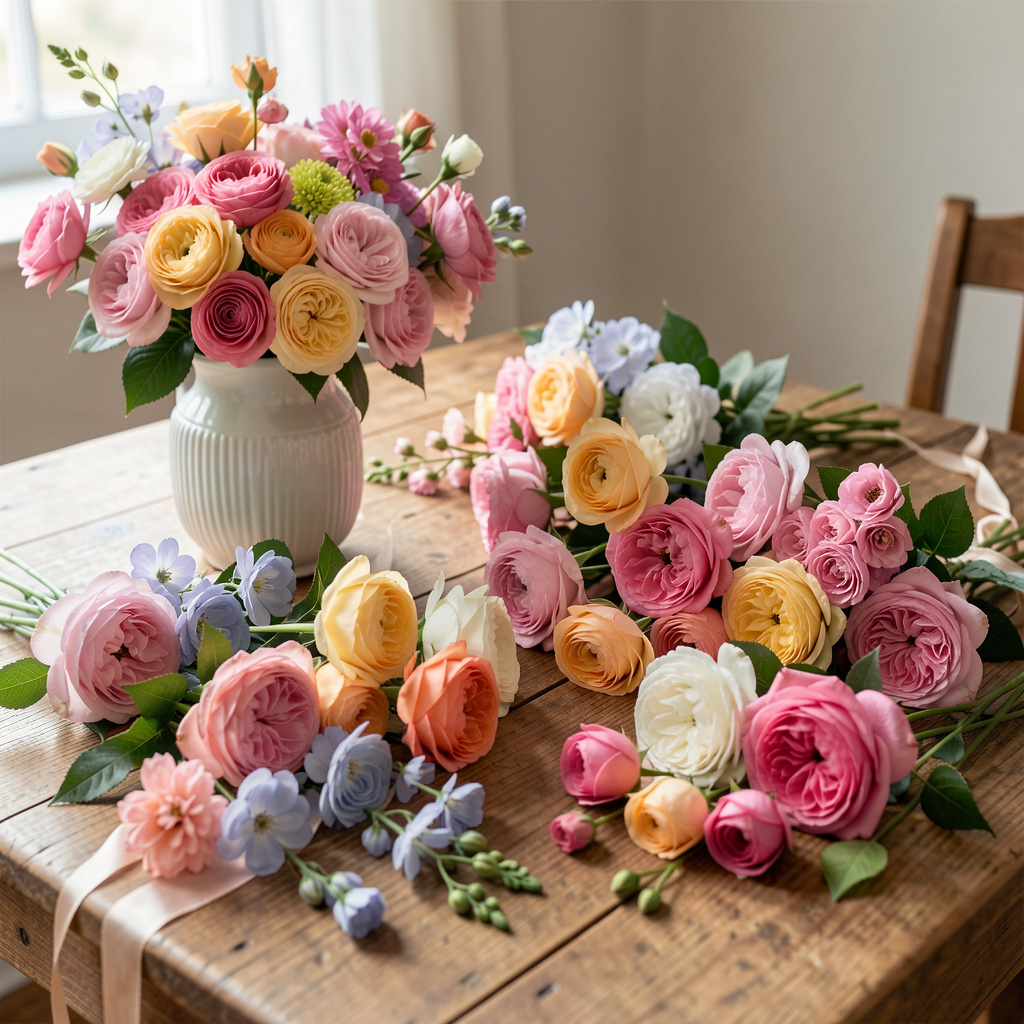 Premium handmade floral materials and fresh flowers arranged on wooden table